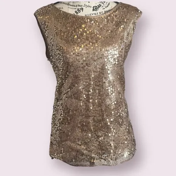Max Studio Rose Gold Sequin Scoop Neck Glam Top Small - Picture 2 of 8
